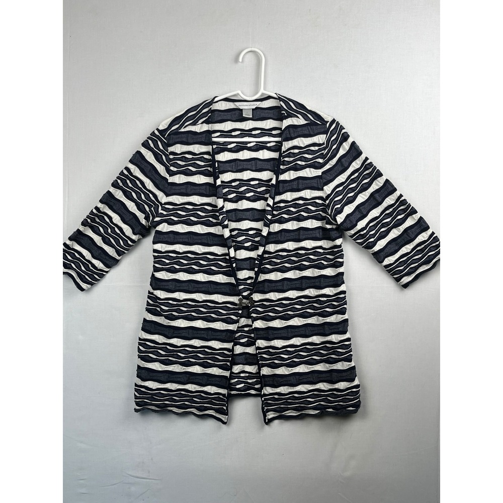 Christopher & Banks Cardigan Womens Large Blue White Textured Stripeβ Hook Eye L